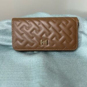 Halston Monogrammed Wallet in Camel with Gold Hardware